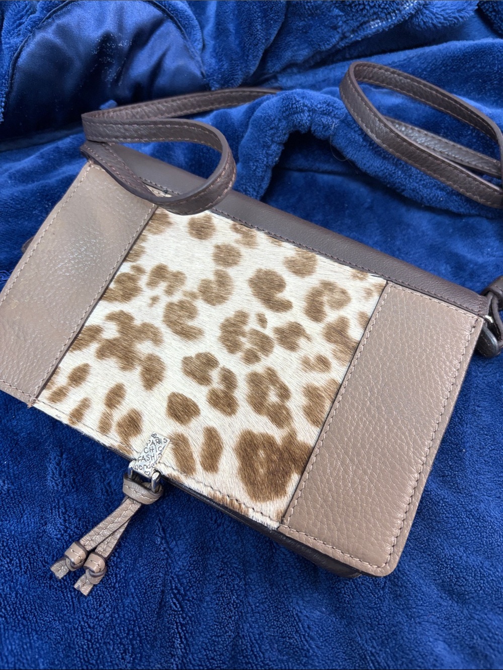 Brighton Taupe Leather Crossbody with Leopard Haircalf Panel